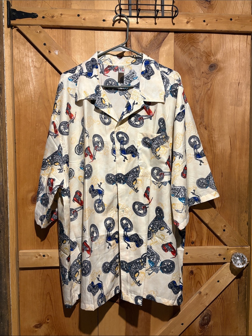 India Boutique Cream Short-Sleeve Shirt with Navy, Red & Teal Motorcycle Print